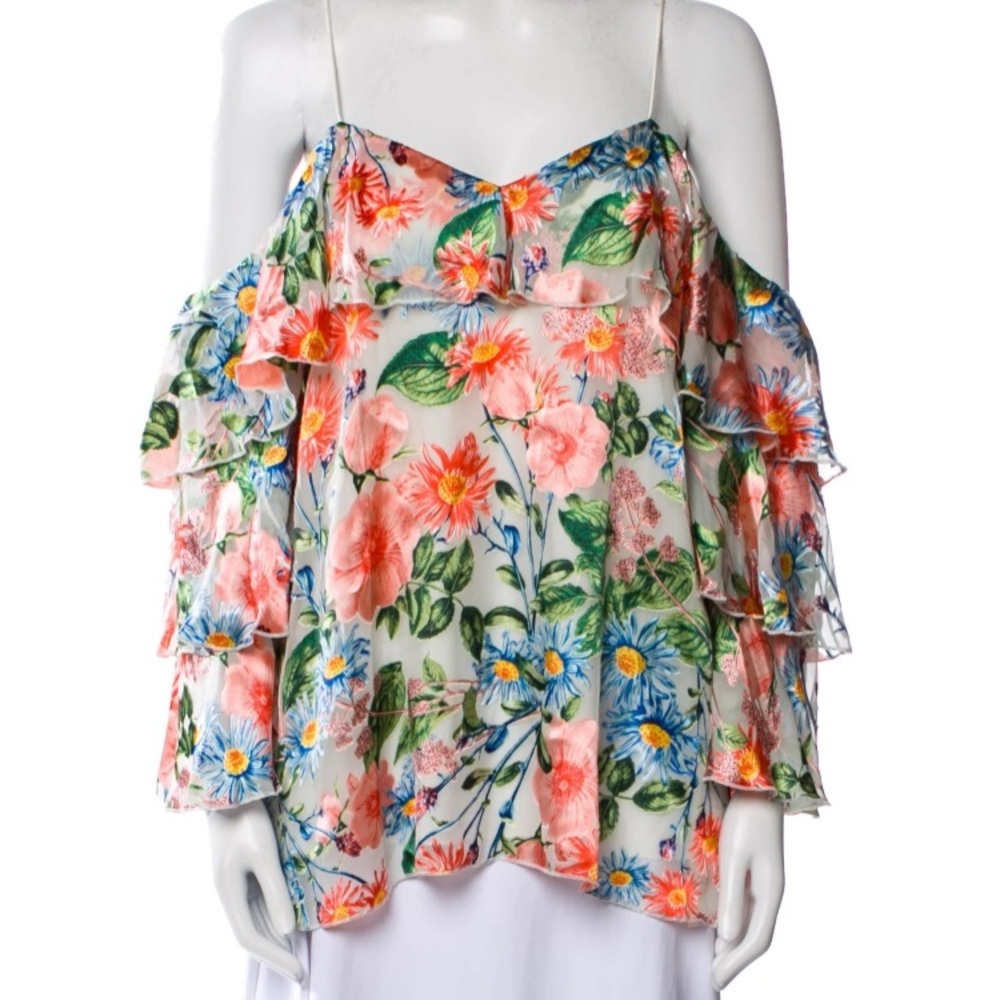 ALICE+OLIVIA MARYLEE SILK BLEND FLORAL OFF THE SHOULDER SEXY FEMININE BLOUSE - Picture 6 of 14